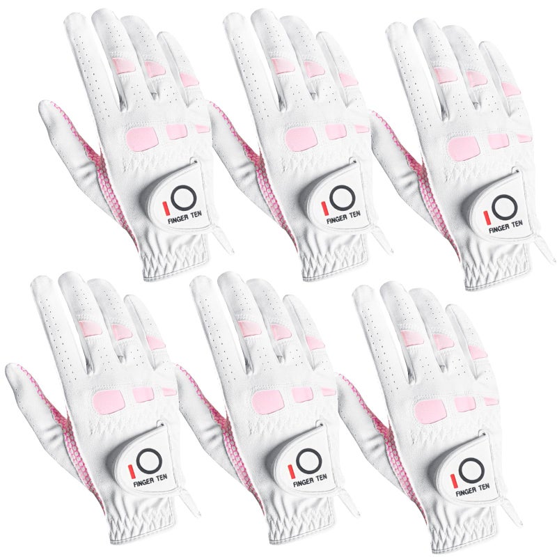 FINGER TEN Womenâ€™s Golf Gloves Ladies Left Hand Right Handed Golfer Value 6 Pack, All Weather Rain Grip Glove Pink Fit Small Medium Large XL (6 Pack Pink, Medium, Right) - Image 1